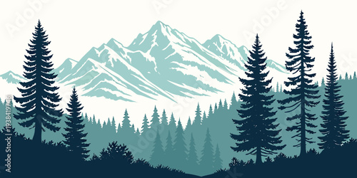 Majestic mountains and dense forest create a serene and tranquil natural landscape. Vector