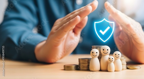 A person protecting a family and financial savings with a shield symbol