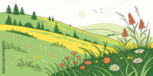 A whimsical illustration of a rabbit and a squirrel enjoying a sunny day in a vibrant meadow Vector