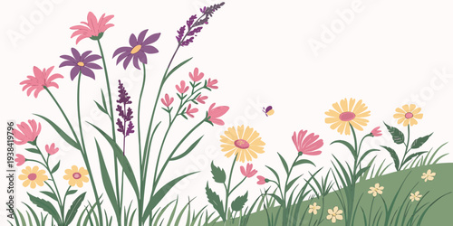 A vibrant and colorful illustration of various flowers in full bloom, set against a white background Vector