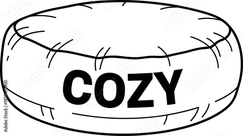 Simple line art illustration of a round bean bag chair labeled cozy object