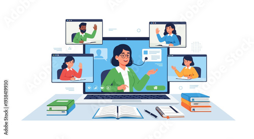 Woman leading virtual meeting on laptop.