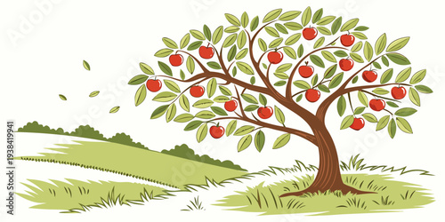 A vibrant tree with colorful leaves stands tall in a lush green field. Vector