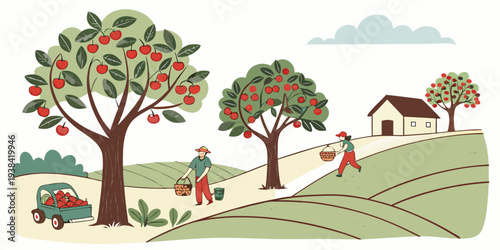 A picturesque landscape of rolling hills, trees, and a quaint village in the distance Vector