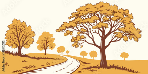 A serene landscape with golden trees and a clear blue sky Vector