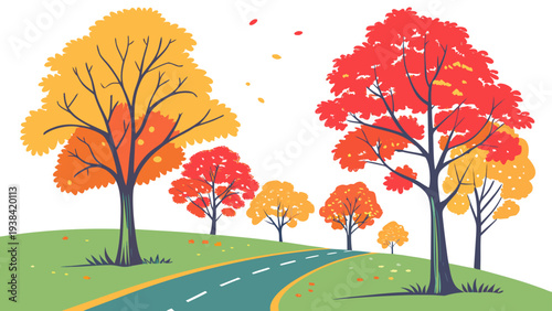 Vibrant autumn trees lining a winding path in a lush green landscape Vector