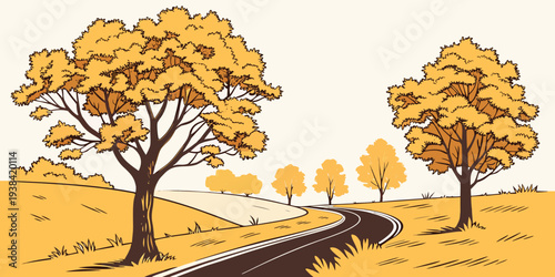 A serene autumn landscape with trees shedding their golden leaves along a winding path Vector