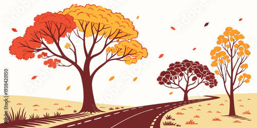 Two giraffes standing in a field with tall trees and a large yellow sun Vector