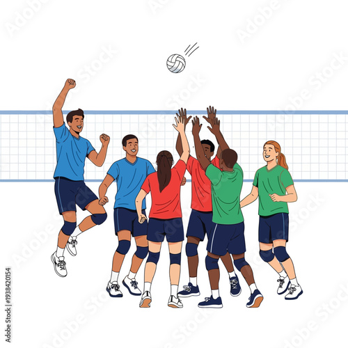 Diverse volleyball team competing in a match, jump serve, active sport