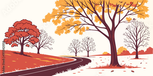 A serene autumn landscape with trees shedding their leaves on a quiet country road. Vector