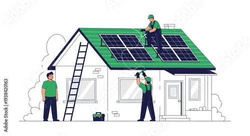 Workers Installing Solar Panels Roof.