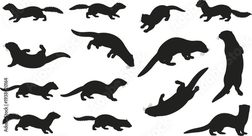 Black Mustelid Silhouettes Set Featuring Detailed Vector Illustrations of Otters Ferrets Minks and Weasels in Various Active Poses Isolated on White Background for Design