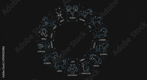 Astrology Zodiac Signs Circle Constellations Celestial Symbols.