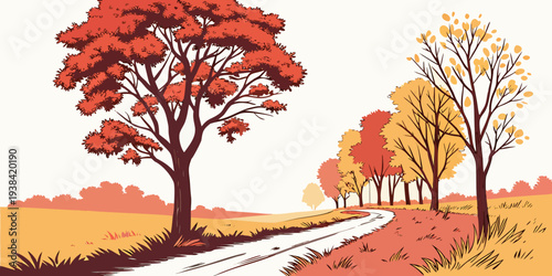Vibrant autumn scene with red and orange trees along a winding path Vector