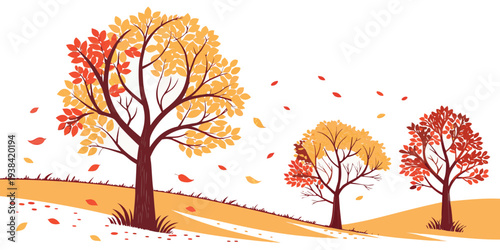 A serene autumn landscape with trees shedding their leaves in the wind Vector
