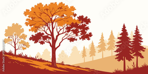 Vibrant autumn landscape with trees and a red sky at sunset Vector