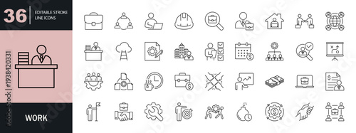 Work icon set. Containing job, office, career, employment, meeting, organization, teamwork, and more. Editable line icons. Vector illustration.