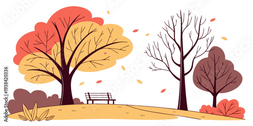 A serene autumn scene with three trees showcasing vibrant fall foliage colors Vector