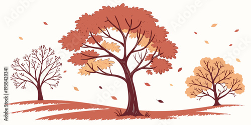 A serene autumn scene with two trees shedding their leaves in a peaceful setting Vector