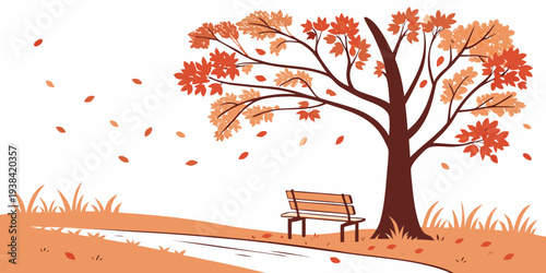 A serene park scene with a solitary bench under a large, colorful tree. Vector