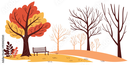 A serene autumn landscape with a house, trees, and a winding path. Vector