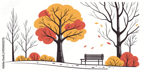 A serene autumn scene with trees and a bench in a park setting. Vector