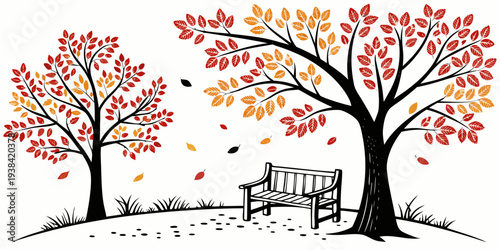 A serene winter scene with two trees and a horse-drawn sleigh Vector