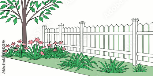 A serene garden with a white picket fence and a lush green tree Vector