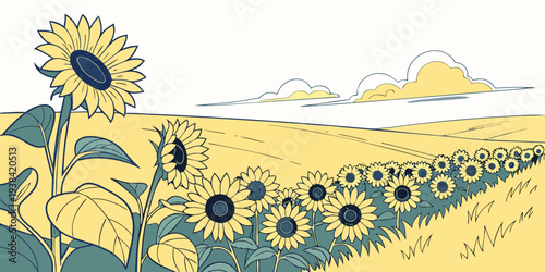 A serene landscape with rolling hills and a clear blue sky with scattered clouds. Vector