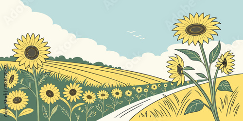 A picturesque landscape featuring a vast field of vibrant sunflowers under a clear blue sky Vector