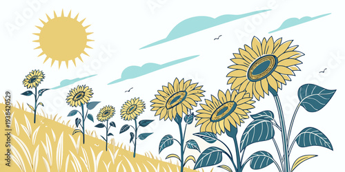 Field of wildflowers under a bright blue sky with scattered clouds Vector