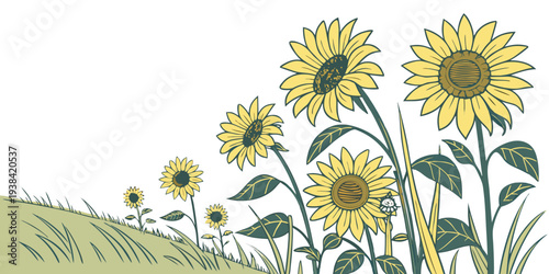 A vibrant field of sunflowers stretching towards the clear blue sky Vector