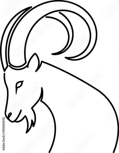 Simple black line art illustration depicting the head and curling horns of a mountain goat