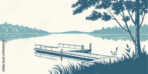 Serene landscape with trees and a body of water under a clear sky Vector