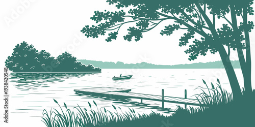 A serene landscape featuring a tranquil lake surrounded by lush trees and vegetation Vector