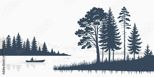 A serene lakeside scene with tall trees and a small boat in the distance Vector