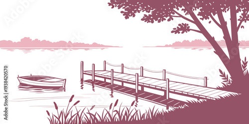 A serene lakeside scene with a wooden dock and surrounding trees in a soft, muted color palette Vector