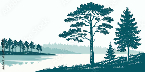 A serene lakeside scene with tall trees and calm waters reflecting the sky. Vector