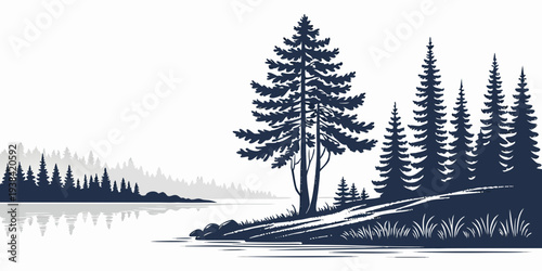 A serene landscape of trees reflecting on a calm body of water at dusk Vector