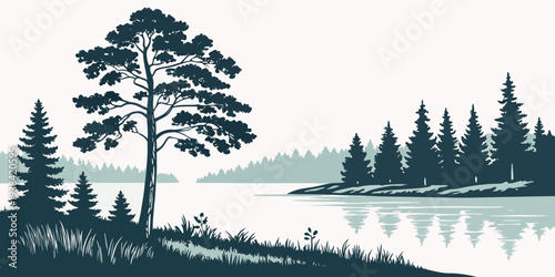 A serene landscape featuring a solitary tree standing tall by a tranquil lake surrounded by forest. Vector