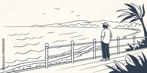 A serene beach scene with a person standing near the water's edge. Vector