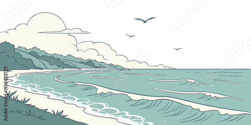 A flock of seagulls flying over the vast and serene ocean waters Vector
