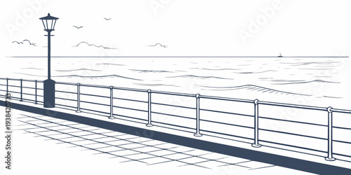 Aerial view of a modern, long, empty, straight, elevated, urban, pedestrian walkway. Vector