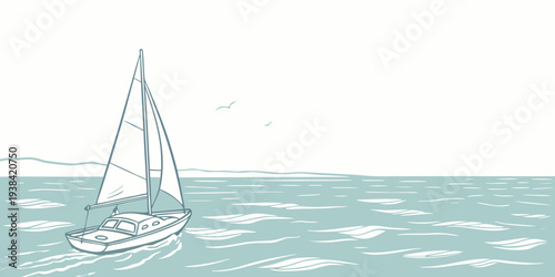 A serene sailboat gliding on a calm ocean under a clear sky Vector