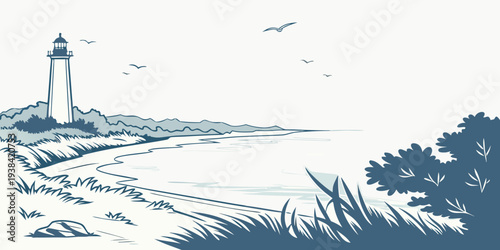 A serene lighthouse standing tall on a rocky shore with birds flying overhead. Vector