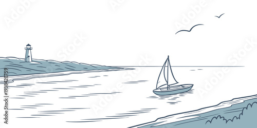 A serene seascape with a sailboat and a lighthouse in the distance Vector