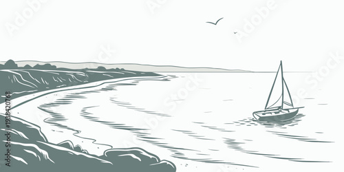 A lone sailboat navigates through choppy waters towards a distant horizon. Vector