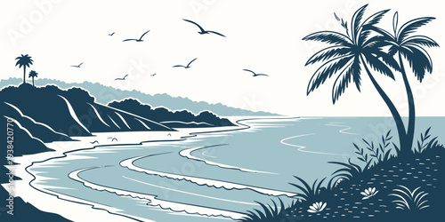 A serene beach scene with palm trees and birds flying over the calm waters. Vector