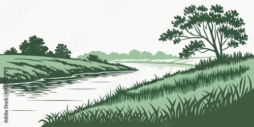 A serene landscape painting with a winding river and lush greenery Vector