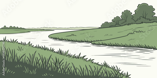 A serene landscape with a winding river and lush greenery on a sunny day Vector